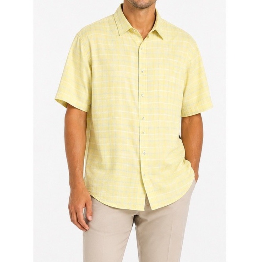 GEOFFREY BEENEโ Mens Dress Shirt Yellow Lemonade Plaid Short Sleeve Sz XXL